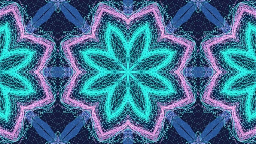 Abstract neon flower mandala with glowing blue and pink wireframe lines rotating symmetrical seamless motion background video 4k - Powered by Shutterstock - Get 15% off with code: PIKWIZARD15