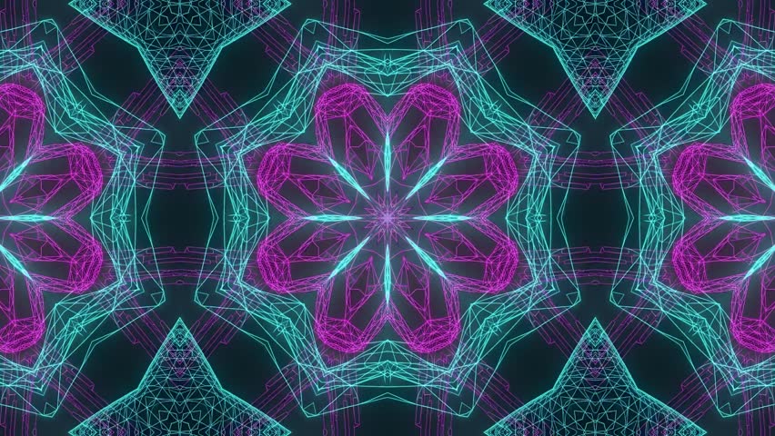 Magenta cyan neon geometric wireframe mandala pattern forming symmetrical digital tunnel effect in futuristic abstract motion background. seamless looping 4k video background - Powered by Shutterstock - Get 15% off with code: PIKWIZARD15