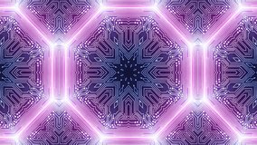 Purple blue neon circuit board pattern forming symmetrical digital technology interface tunnel effect in futuristic abstract motion background. seamless looping 4k video background - Powered by Shutterstock - Get 15% off with code: PIKWIZARD15