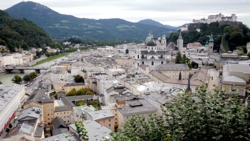 Aerial view of Salzburg Austria showing the Salzach river and Hohensalzburg castle