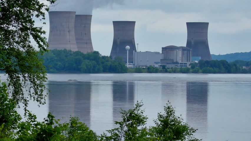 Nuclear power plant with cooling towers reflected in the Susquehanna River view
