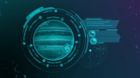 Futuristic HUD animation of Jupiter with planet rotation, scientific data, specs and comparisons to Earth. Educational astronomy visualization in digital holographic style. - Powered by Shutterstock - Get 15% off with code: PIKWIZARD15