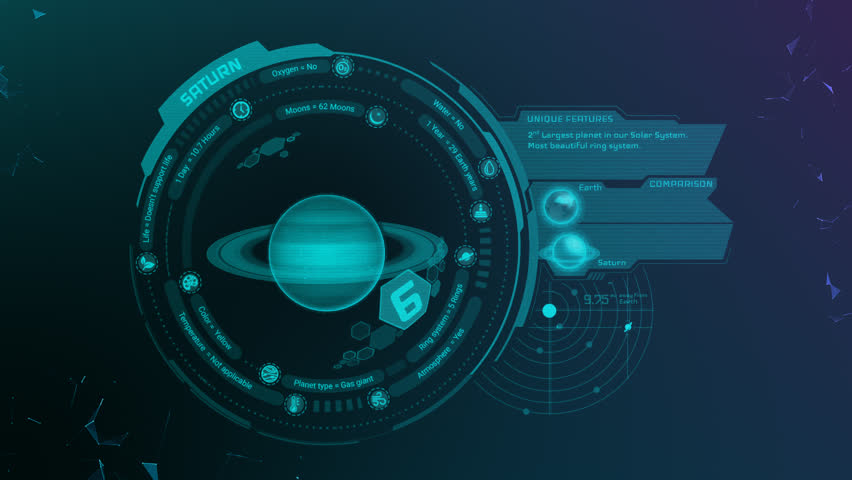 Futuristic HUD animation of Saturn with planet rotation, scientific data, specs and comparisons to Earth. Educational astronomy visualization in digital holographic style.