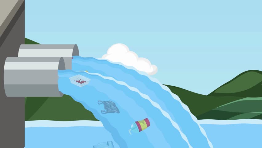 Polluted water flows from an industrial pipe, spreading plastic waste across a natural habitat, showing how contaminated waterways endanger wildlife and disrupt the balance of the ecosystem.