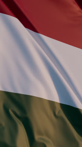 Hungary, Budapest: Cinematic Vertical Waving National Flag Against Blue Sky