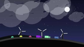 Nighttime Renewable Energy Landscape with Wind Turbines and Eco-Friendly Vehicles on Winding Road - Powered by Shutterstock - Get 15% off with code: PIKWIZARD15