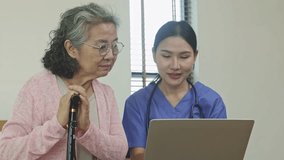 Female doctor monitors and cares health elderly provides advice and explanations on proper nutrition rest guidelines prevent forgetfulness through systematic online communication via laptop. - Powered by Shutterstock - Get 15% off with code: PIKWIZARD15
