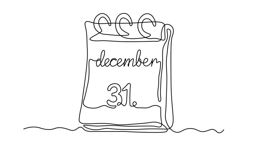 Abstract tear-off calendar. The date is December 31th. Happy new year. Self drawing animation one continuous line draw, logo on white background