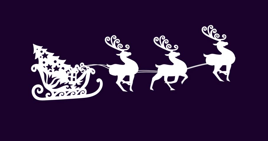 Loop starting, white sleigh and 3 reindeer galloping, neon bands shifting, creating festive motion. Silhouette, sled, deer, ornate, christmas, holiday, animation