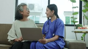 Female doctor who cares and protects the health elderly is providing education advice, and explanations on proper nutrition and rest to prevent forgetfulness via laptop computer online.

 - Powered by Shutterstock - Get 15% off with code: PIKWIZARD15