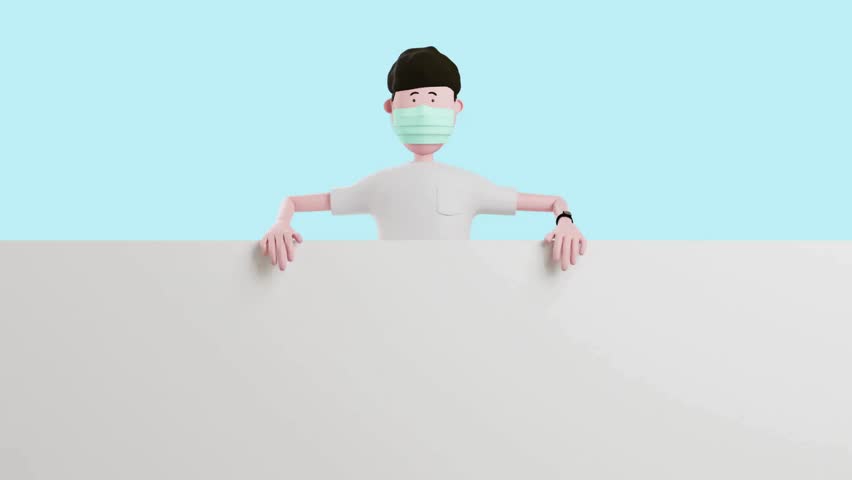 A 3D animated character wearing a face mask peeks over a large blank white sign, bobbing gently in a seamless loop against a blue background.
