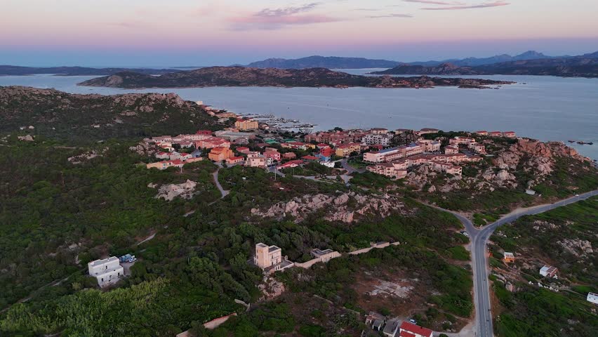 Scenic aerial view over Isola Maddalena, Sardinia at sunset, tranquil mood