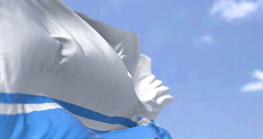 Flag of Altai (Gorno-Altai Republic) waving in the wind on a clear day. Four-striped bicolour of white and light blue. Seamless 3d render animation. Slow motion loop. Selective focus