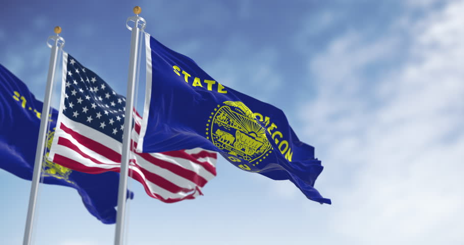 Oregon state flags waving in the wind with the american flags on a clear day. Two-sided with navy blue and gold colors. Seamless 3d render animation. Slow motion loop. Selective focus