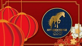 4K looping animation featuring a golden horse emblem on a deep blue medallion, surrounded by red lanterns and floral ornaments on a rich red background. Elegant design for Chinese New Year 2026 visual - Powered by Shutterstock - Get 15% off with code: PIKWIZARD15