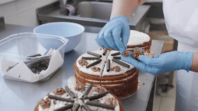 Pastry Chef Decorating Layered Walnut Chocolate Cake, Close-Up. Bakery and Confectionery Production - Powered by Shutterstock - Get 15% off with code: PIKWIZARD15