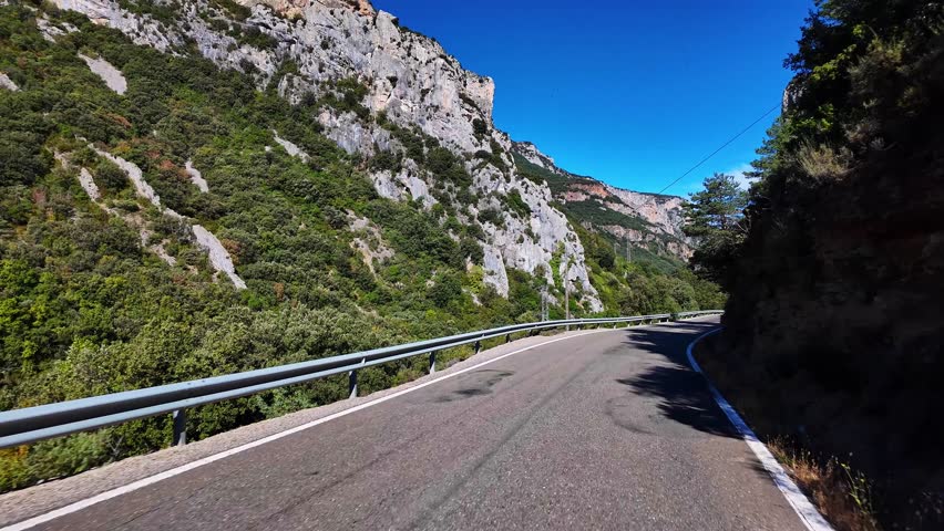 Driving through the Roncal Valley from Sigues to Isaba, Valle de Roncal in Navarre, Navarra Spain, Europe
