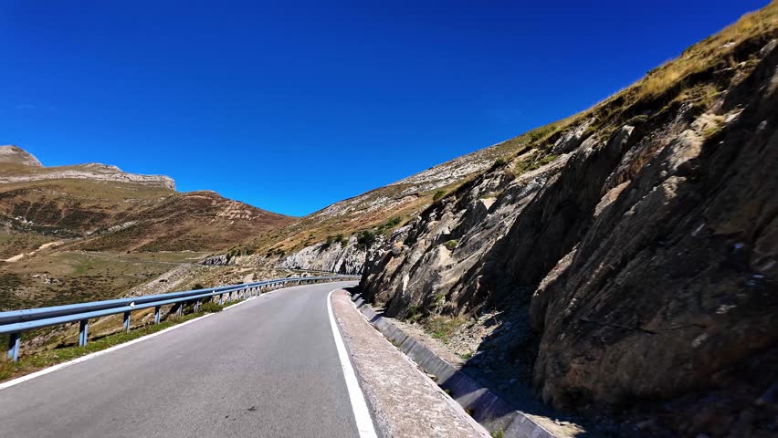Driving through the Roncal Valley from Isaba to Puerto de Larrau, Valle de Roncal in Navarre, Navarra Spain, Europe