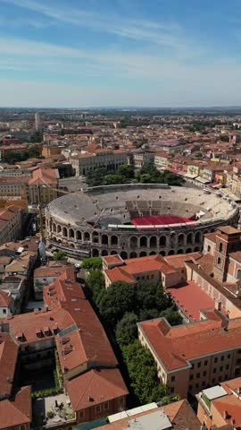 Verona Arena Roman amphitheater located in Italy, aerial drone medieval city