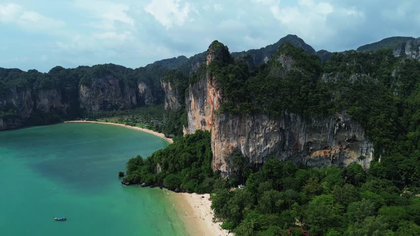 Railay Beach peninsula Andaman Sea Thailand, aerial drone nature Southeast Asia limestone cliff