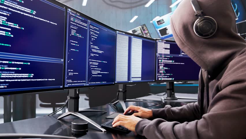 Mid-Age Caucasian Man Using Computer To Steal Online Data