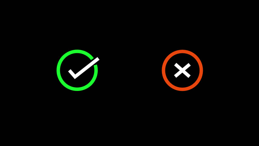 Yes no icon green tick and red cross signs animation with black background