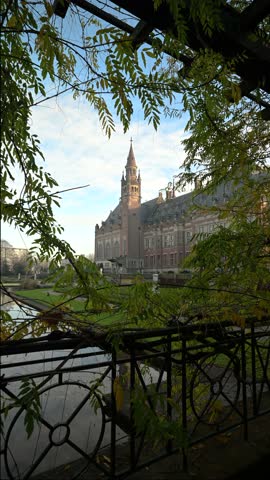 Beautiful Peace Palace building and most visited building in The Hague and seat of the International Court of Justice at Autumn season
