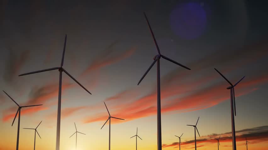 Wind turbine generator in fields at sunset, capturing renewable energy, wind power production, and sustainable electricity generation.