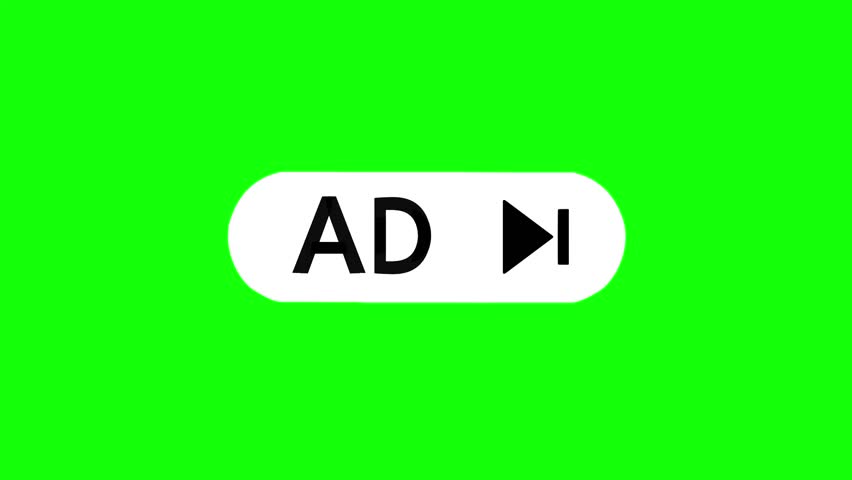 An animated skip ad button moving against a green screen background. The concept of removing ads from videos or websites.