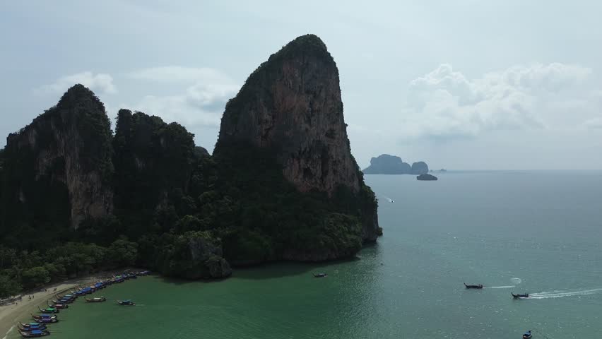 Railay Beach peninsula Andaman Sea Thailand, aerial drone nature Southeast Asia limestone cliff