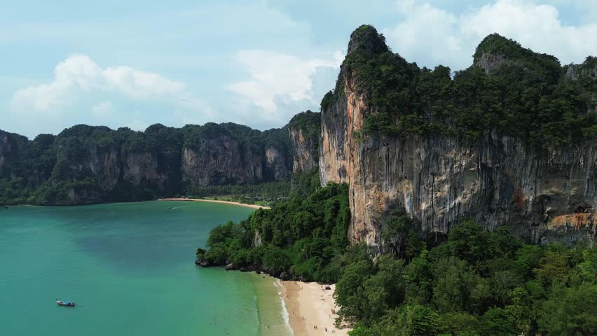 Railay Beach peninsula Andaman Sea Thailand, aerial drone nature Southeast Asia limestone cliff