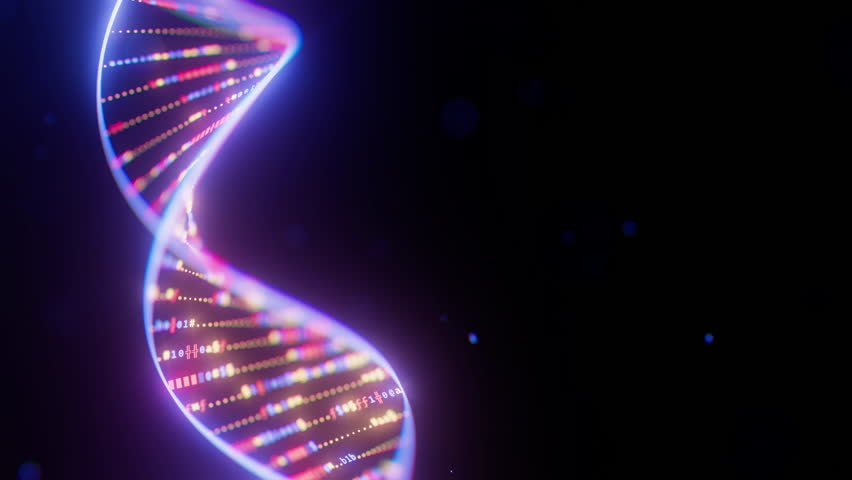 Abstract Digital DNA Double Helix spiral with data flow loop animation. Medical science concept of biotechnological AI or quantum computing. Futuristic genetic research.