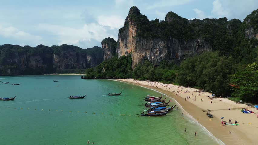 Railay Beach Thailand aerial view peninsula Andaman Sea Southeast Asia drone video