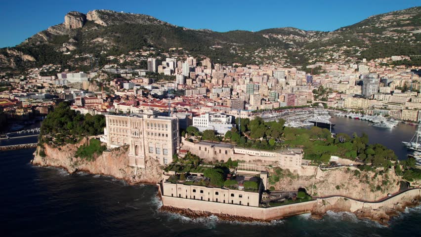 The Rock of Monaco, pristine aerial view, Cote de Azur, French Riviera, 4K