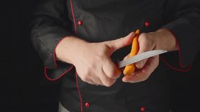 A chef skillfully peels a sweet potato with a sharp knife in a modern kitchen environment. The focus is on the chef's hands and the fresh vegetable being prepared. - Powered by Shutterstock - Get 15% off with code: PIKWIZARD15