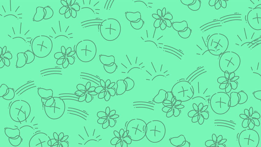 Composition with flowers, suns, beans, and plus signs on a vibrant green backdrop. Suitable for summerthemed designs and cheerful projects.