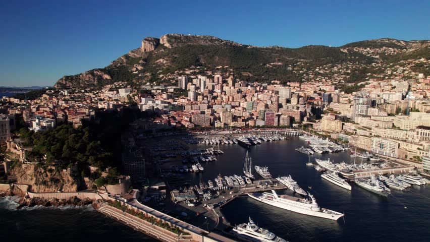 Monaco and Monte-Carlo, beautiful long aerial shot, 4K