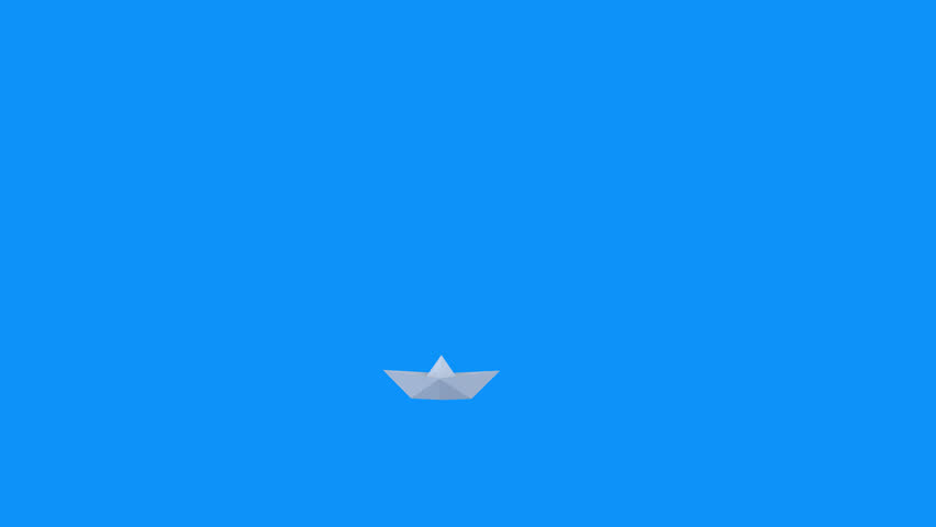 Paper boat moving to wave path. 3d animation isolated on blue background with alpha matte channel. Realistic motion element for metaphor of winning or success business.