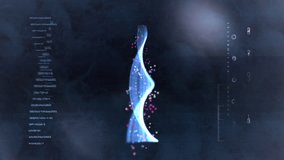 Abstract Blue Spiral DNA Wave With Floating Data Particles. A futuristic abstract image featuring a blue spiral DNA like ribbon against a dark digital background with floating particles - Powered by Shutterstock - Get 15% off with code: PIKWIZARD15