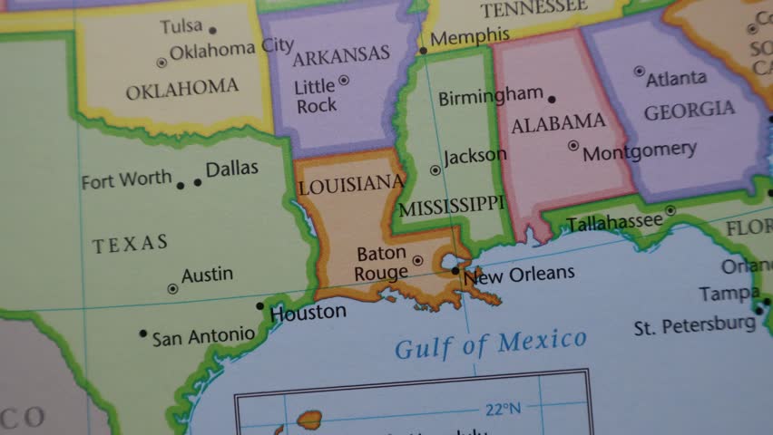 Louisiana and Mississippi State on USA Map Macro. Baton Rouge, New Orleans, Jackson. Deep South Geography, Hurricane Zone, Gulf Coast Travel, Jazz Culture and American History Education Concept View
