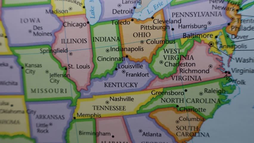 Map of Kentucky, Indiana, Ohio and Virginia. Eastern USA Geography, History and Navigation Concept.