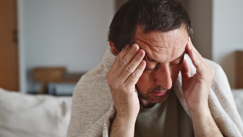 Tired middle-aged man covered with blanket sitting on sofa and rubbing eyes in pain, suffering from headache or hangover. 4K with selective focus.