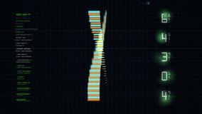 Futuristic DNA Helix and Digital Data Stream in Dark Tech Scene. A high tech video featuring a glowing double helix like structure against a dark background with green code and numeric readouts - Powered by Shutterstock - Get 15% off with code: PIKWIZARD15