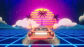 A vibrant synthwave, retrowave 80s style animation featuring a classic sports car driving across a neon-lit, wide-angle grid-patterned digital landscape toward a sunset with palm trees. - Powered by Shutterstock - Get 15% off with code: PIKWIZARD15