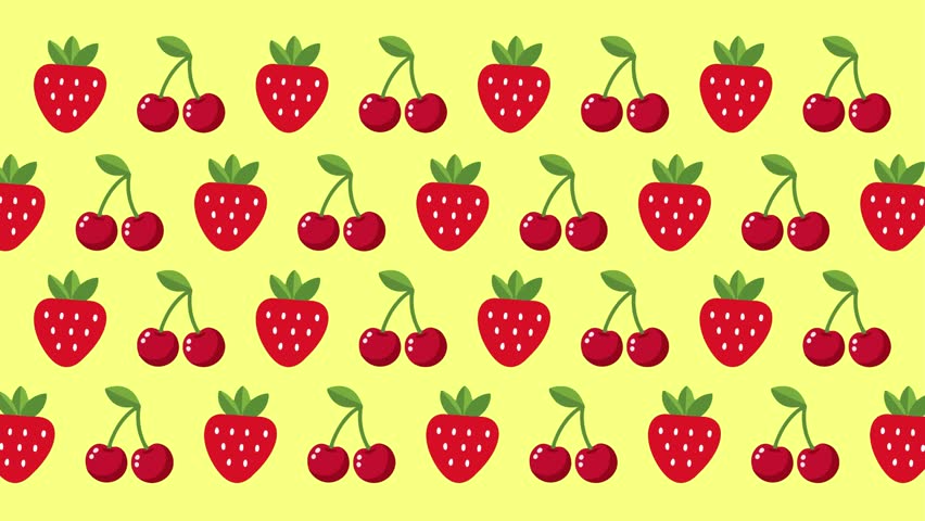 Cute summer fruit motion graphics background with strawberries and cherries vector illustration