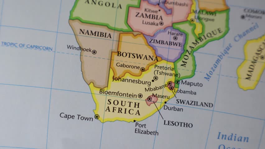 South Africa Political Map Close-up: Geography of Cape Town, Johannesburg and Lesotho. Southern African Borders and Cities on Educational Atlas