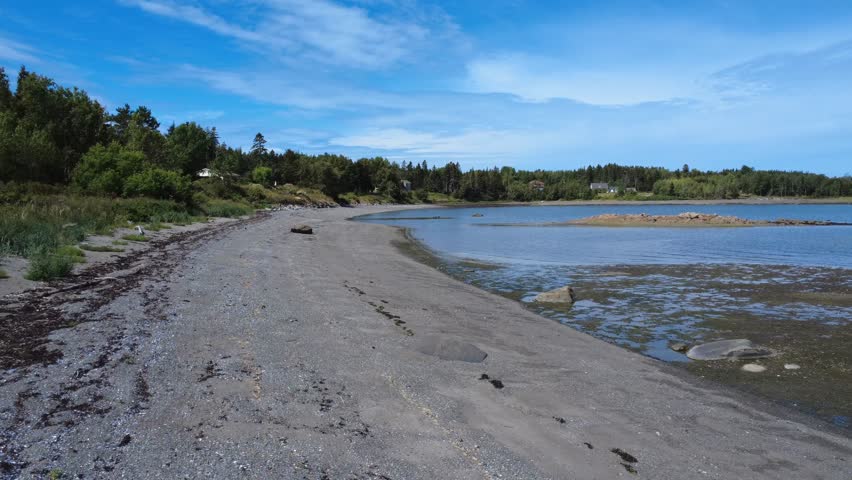 A peaceful coastal landscape with a sand and pebble beach, a rocky islet, and in the distance, a wooded coastline under a cloudy sky. Anse du Petit Metis, Quebec, Canada, 2025.