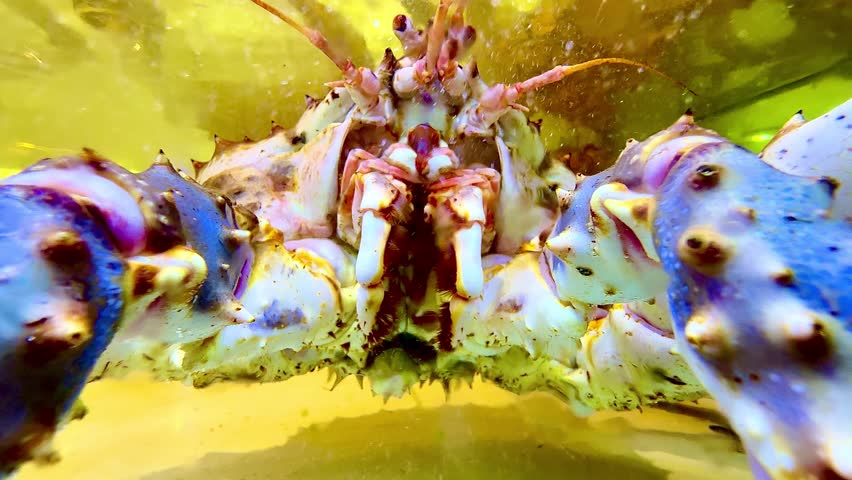 Macro close-up of a spiny king crab underwater, highlighting its textured shell, sharp spikes, and vivid natural colors in an aquarium setting.
