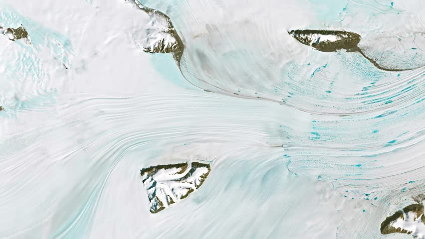 Top shot on glacier flowing and melting. Camera is moving backward and right. Animation based on image by NASA