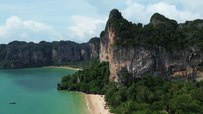 Railay Beach peninsula Andaman Sea Thailand, aerial drone nature Southeast Asia limestone cliff